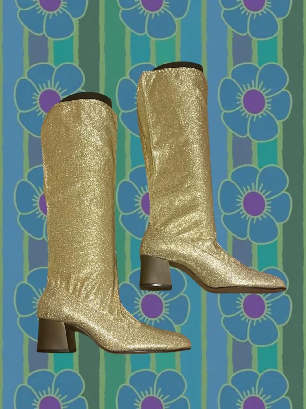 Vintage 1960s Gold Glitter Over-the-Knee GoGo Block Heel Boots